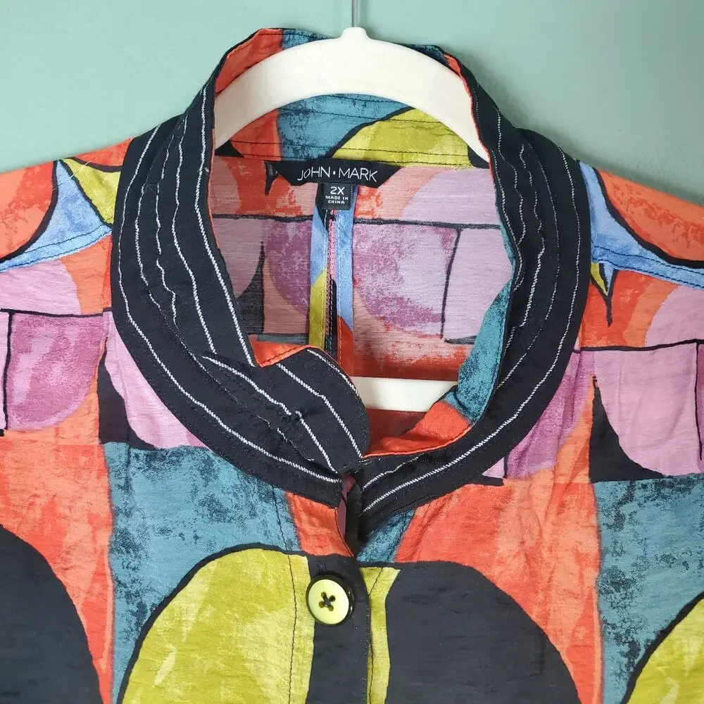 John Mark Artsy Boho LS Button Tunic Top Colorful Abstract Blouse Lagenlook 2X
